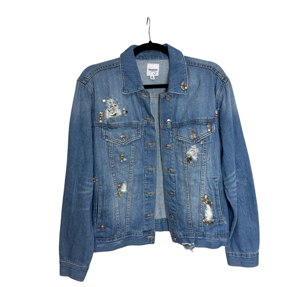Kensie Distressed Denim Jacket Gemstone Embellished Loose Fit Statement S‎